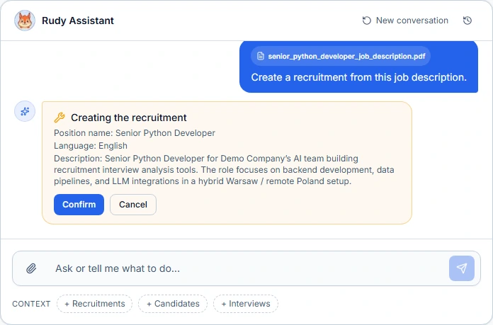 Rudy preparing a recruitment from a job description and waiting for confirmation